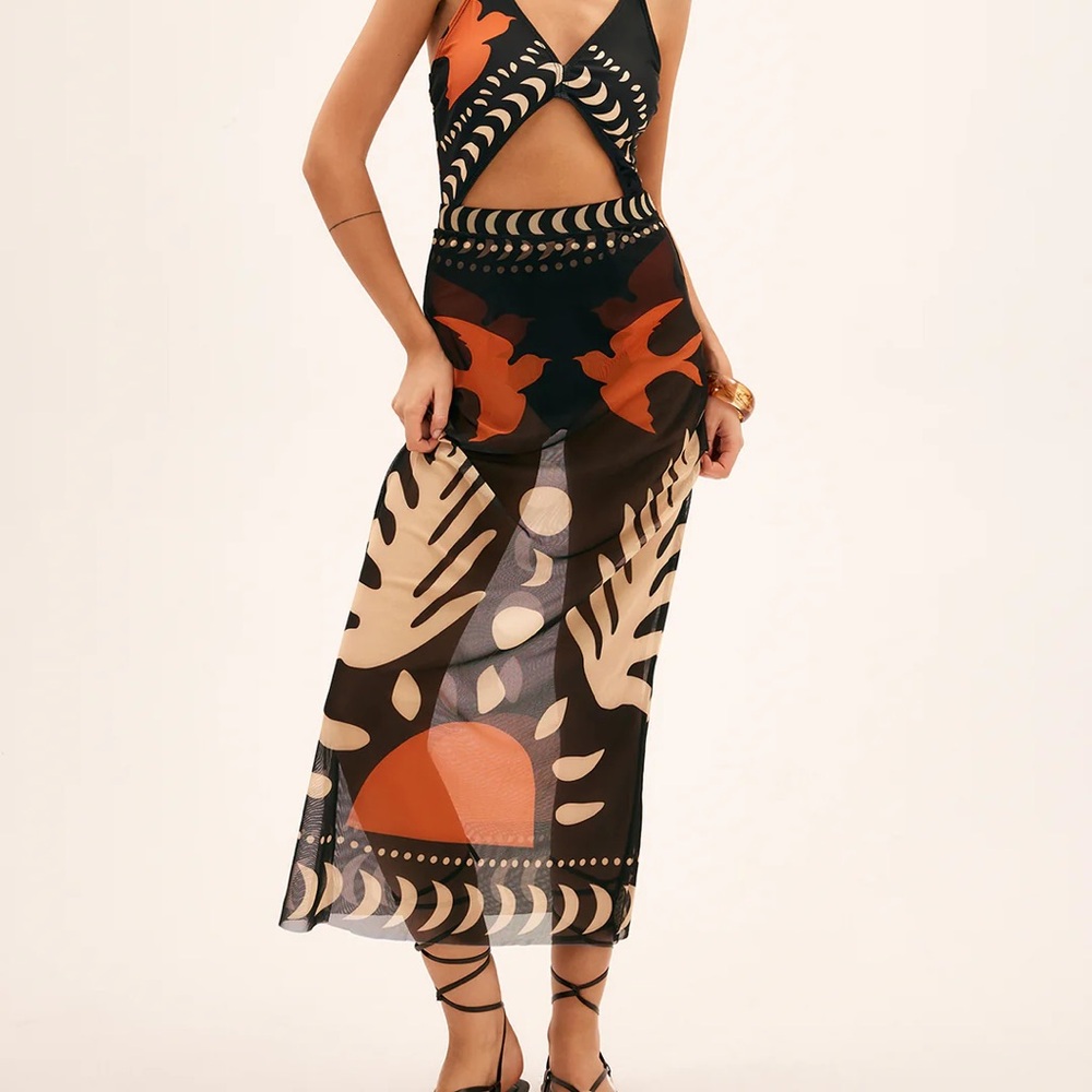 Commense Black Orange Cream Cutout Swim Coverup Maxi